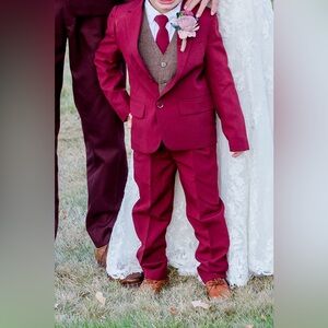 Opposuits Maroon Suit Jacket, Pants & tie -Size 6T w Brown Tweed Vest 5T